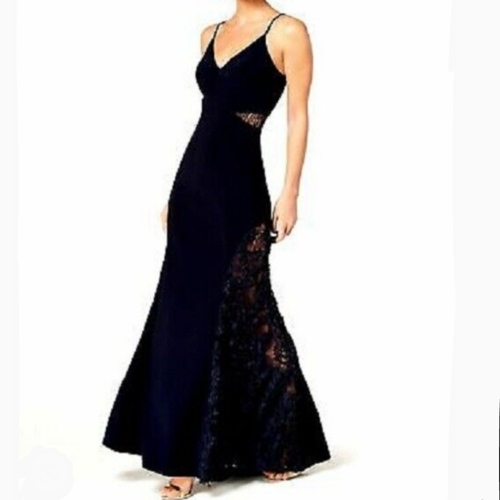 Betsy & Adam Soutache Formal Gown Full Length Lace V-Neck Thin Strap Black 2 NWT